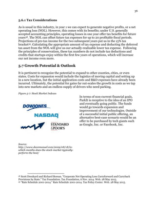 36
5.6.1 Tax Considerations
As is usual in this industry, in year 1 we can expect to generate negative profits, or a net
operating loss (NOL). However, this comes with its benefits; under U.S. generally
accepted accounting principles, operating losses in one year offer tax benefits for future
years38. The NOL can offset future tax expenses for up to 20 profitable fiscal periods.
Projections of pre-tax income for the two subsequent years put us in the 15% tax
bracket39. Calculating the appropriate amount of tax expense and deducting the deferred
tax asset from the NOL will give us our actually-realizable lower tax expense. Following
the principles of conservatism, these tax numbers do not include tax deductions and
credits that startups enjoy within the first few years of operations, which will increase
our net income even more.
5.7 Growth Potential & Outlook
It is pertinent to recognize the potential to expand to other counties, cities, or even
states. Costs for expansion would include the logistics of moving capital and setting up
in a new location, but the initial application costs and R&D expenses have already been
incurred. Ultimately, the potential for gains far out-scales the growth in costs as we tap
into new markets and an endless supply of drivers who need parking.
Figure 5-7: Stock Market Indexes
In terms of non-current financial goals,
ParkIt is receptive to the idea of an IPO
and eventually going public. The funds
would go towards expansion and
improvement of our technologies. Outside
of a successful initial public offering, an
alternative best-case scenario would be an
offer to be purchased by tech giants such
as Google, Inc. or Facebook, Inc.
Source:
http://www.davemanuel.com/2009/08/18/in-
which-months-does-the-stock-market-typically-
perform-the-best/
38 Scott Drenkard and Richard Borean. "Corporate Net Operating Loss Carryforward and Carryback
Provisions by State." Tax Foundation. Tax Foundation, 6 Nov. 2014. Web. 28 May 2015.
39 "Rate Schedule 2001-2014." Rate Schedule 2001-2014. Tax Policy Center. Web. 28 May 2015.
 
