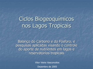 Ciclos Biogeoquímicos
nos Lagos Tropicais
Balanço do Carbono e do Fósforo, e
pesquisas aplicadas visando o controle
do aporte de nutrientes em lagos e
reservatórios tropicais
Vitor Vieira Vasconcelos
Dezembro de 2005
 