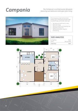 Campania                             The Campania is architecturally-designed,
                                 featuring two bedrooms and open plan living.



                                                The Campania is ideal for ﬁrst home
                                                owners and is ﬁtted with the latest high-
                                                quality ﬁttings and ﬁnishes, featuring :

                                                •     Two bedrooms with built in robes.
                                                •     Open plan living.
                                                •     Spacious kitchen with breakfast bar.
                                                •     Separate laundry area.
                                                •     Well protected deck, ideal for
                                                      entertaining.




                                                SIZE ANALYSIS
                                                Living Area                          70m2
                                                Deck                          Not included
                                                Total Area                           70m2


                                               3805

                                        1260          2565




                                                                   2355
           2852




                                                                   2310
    8000

           4968




                                                                   2965




                  3815                         3825

                  3995   2400                  4005

                         10400




8
 