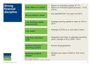 Strong
financial
discipline
18
High return on capital
Strong balance sheet
Low working capital
requirements
Low capex
High free cash flow
yield
Uniform financial
reporting system
 Return on operating capital: 57.7%
 Return on invested capital (pre-tax): 17.6%
(2014)
 Net debt/EBITDA 1.9x year end 2014
 Average working capital to sales at 10% in
2014
 Average of £23m p.a. over past 3 years
 Operating cash flow† to adjusted operating
profit* average of 97% 2004 - 2014
 Across all geographies
†Before acquisition related costs
*Before intangible amortisation and acquisition related costs
Growing dividend
stream
 Dividend per share CAGR of 10% since
2004
Business Case May 2015
 