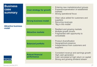 Business
case
summary
21
Clear strategy for growth
 Entering new markets/product groups
 Expansion/penetration of established
markets
 Strong operational focus
Attractive business
model
Strong business model
 Clear value added for customers and
suppliers
 Recurring revenues
 “Big in the middle”
Attractive markets
 Resilient and growing markets
 Multiple growth drivers
 Fragmented with opportunity to
consolidate
Balanced portfolio
 Product diversification
 Geographical presence
 Independence from customers and
suppliers
Robust financial
performance
 Consistent revenue and earnings growth
 High cash generation
 Cash reinvested at high return on capital
 Strong and growing dividend stream
Business Case May 2015
 