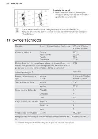 A un tubo de pared
• Directamente a un tubo de desagüe
integrado en la pared de la habitación y
apretando con una brida.
Puede extender el tubo de desagüe hasta un máximo de 400 cm.
Póngase en contacto con el servicio técnico para el otro tubo de desagüe
y la extensión.
17. DATOS TÉCNICOS
Medidas Ancho / Altura / Fondo / Fondo total 600 mm/ 870 mm/
605 mm/ 640 mm
Conexión eléctrica Tensión
Potencia total
Fusible
Frecuencia
230 V
2200 W
10 A
50 Hz
El nivel de protección contra la entrada de partículas sólidas y hu-
medad está garantizado por la tapa protectora, excepto si el equi-
po de baja tensión no tiene protección contra la humedad.
IPX4
Suministro de agua 1) Agua fría
Presión del suministro de
agua
Mínima
Máxima
0,5 bares (0,05 MPa)
8 bares (0,8 MPa)
Temperatura ambiente Mínima 5 °C
Máxima 35 °C
Carga máxima de lavado Algodón 9
Sintéticos 4
Lana 1.5
Carga máxima para secado Algodón 6
Sintéticos 4
Lana 1
Velocidad de centrifugado Máxima 1600 rpm
Este producto contiene gas fluorado sellado herméticamente HFC - R134a/GWP1430 120
g.
1) Conecte la manguera de entrada de agua a un grifo con rosca de 3/4 pulgadas.
www.aeg.com46
 