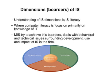 Dimensions (boarders) of IS
– Understanding of IS dimensions is IS literacy
– Where computer literacy is focus on primarily on
knowledge of IT
– MIS try to achieve this boarders, deals with behavioral
and technical issues surrounding development, use
and impact of IS in the firm.
 
