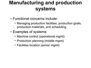 Manufacturing and production
systems
– Functional concerns include:
• Managing production facilities, production goals,
production materials, and scheduling
– Examples of systems:
• Machine control (operational mgmt)
• Production planning (middle mgmt)
• Facilities location (senior mgmt)
 