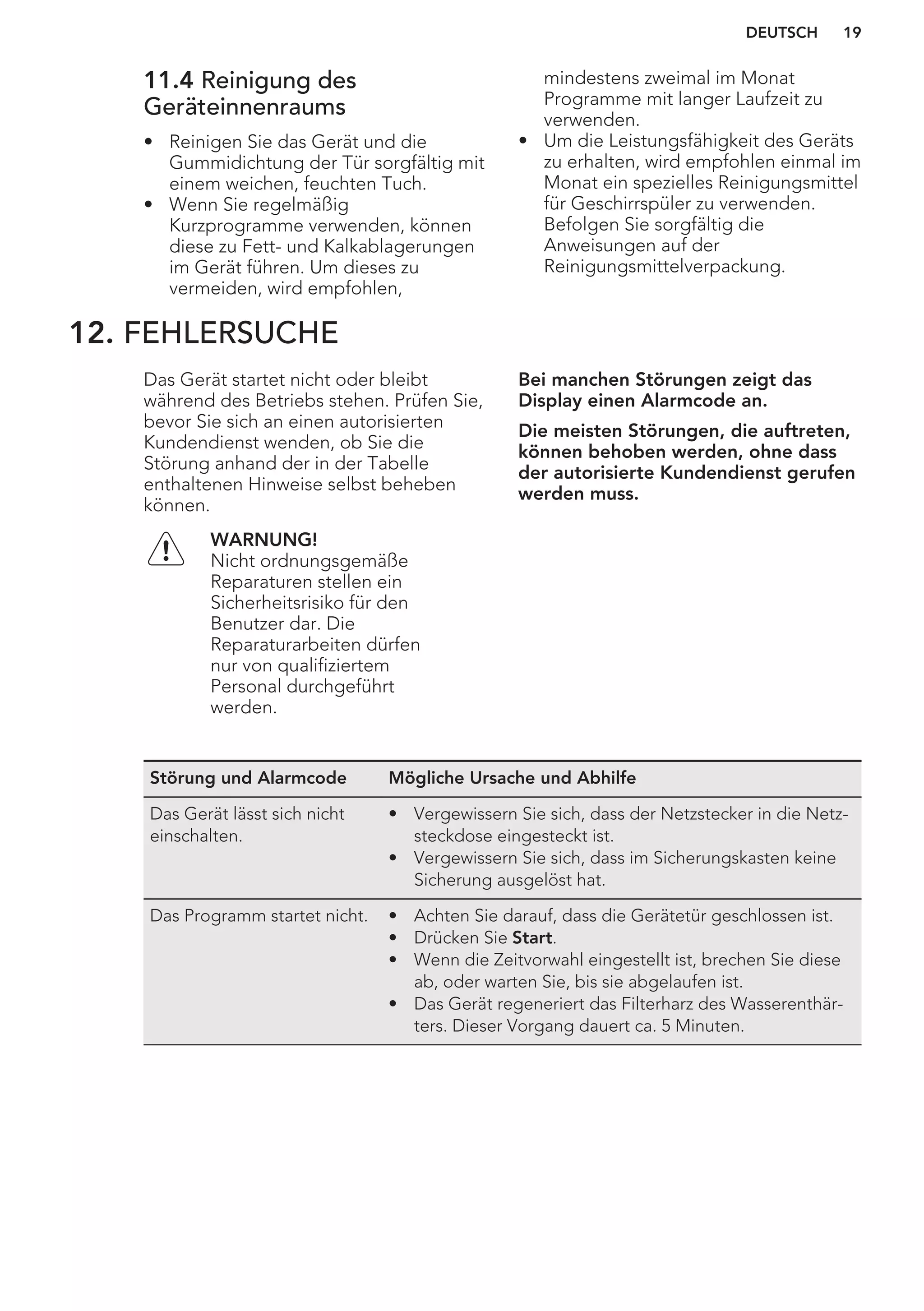 11.4 Reinigung des
Geräteinnenraums
• Reinigen Sie das Gerät und die
Gummidichtung der Tür sorgfältig mit
einem weichen, feuchten Tuch.
• Wenn Sie regelmäßig
Kurzprogramme verwenden, können
diese zu Fett- und Kalkablagerungen
im Gerät führen. Um dieses zu
vermeiden, wird empfohlen,
mindestens zweimal im Monat
Programme mit langer Laufzeit zu
verwenden.
• Um die Leistungsfähigkeit des Geräts
zu erhalten, wird empfohlen einmal im
Monat ein spezielles Reinigungsmittel
für Geschirrspüler zu verwenden.
Befolgen Sie sorgfältig die
Anweisungen auf der
Reinigungsmittelverpackung.
12. FEHLERSUCHE
Das Gerät startet nicht oder bleibt
während des Betriebs stehen. Prüfen Sie,
bevor Sie sich an einen autorisierten
Kundendienst wenden, ob Sie die
Störung anhand der in der Tabelle
enthaltenen Hinweise selbst beheben
können.
WARNUNG!
Nicht ordnungsgemäße
Reparaturen stellen ein
Sicherheitsrisiko für den
Benutzer dar. Die
Reparaturarbeiten dürfen
nur von qualifiziertem
Personal durchgeführt
werden.
Bei manchen Störungen zeigt das
Display einen Alarmcode an.
Die meisten Störungen, die auftreten,
können behoben werden, ohne dass
der autorisierte Kundendienst gerufen
werden muss.
Störung und Alarmcode Mögliche Ursache und Abhilfe
Das Gerät lässt sich nicht
einschalten.
• Vergewissern Sie sich, dass der Netzstecker in die Netz-
steckdose eingesteckt ist.
• Vergewissern Sie sich, dass im Sicherungskasten keine
Sicherung ausgelöst hat.
Das Programm startet nicht. • Achten Sie darauf, dass die Gerätetür geschlossen ist.
• Drücken Sie Start.
• Wenn die Zeitvorwahl eingestellt ist, brechen Sie diese
ab, oder warten Sie, bis sie abgelaufen ist.
• Das Gerät regeneriert das Filterharz des Wasserenthär-
ters. Dieser Vorgang dauert ca. 5 Minuten.
DEUTSCH 19
 