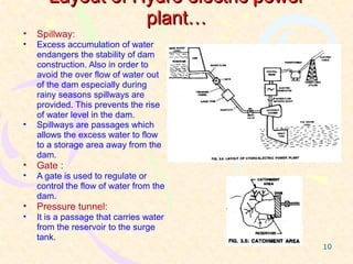 Layout of Hydro electric power
                  plant…
•   Spillway:
•   Excess accumulation of water
    endangers the stability of dam
    construction. Also in order to
    avoid the over flow of water out
    of the dam especially during
    rainy seasons spillways are
    provided. This prevents the rise
    of water level in the dam.
•   Spillways are passages which
    allows the excess water to flow
    to a storage area away from the
    dam.
•   Gate :
•   A gate is used to regulate or
    control the flow of water from the
    dam.
•   Pressure tunnel:
•   It is a passage that carries water
    from the reservoir to the surge
    tank.
                                         10
 