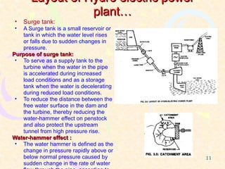 Layout of Hydro electric power
                  plant…
 •   Surge tank:
 •  A Surge tank is a small reservoir or
    tank in which the water level rises
    or falls due to sudden changes in
    pressure.
Purpose of surge tank:
 • To serve as a supply tank to the
    turbine when the water in the pipe
    is accelerated during increased
    load conditions and as a storage
    tank when the water is decelerating
    during reduced load conditions.
 • To reduce the distance between the
    free water surface in the dam and
    the turbine, thereby reducing the
    water-hammer effect on penstock
    and also protect the upstream
    tunnel from high pressure rise.
Water-hammer effect :
 • The water hammer is defined as the
    change in pressure rapidly above or
    below normal pressure caused by        11
    sudden change in the rate of water
 