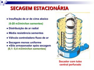 SECAGEM ESTACIONÁRIA
SECAGEM ESTACIONÁRIA
Secador com tubo
central perfurado
● Insuflação de ar de cima abaixo
(6-20 m3/min/ton sementes)
● Distribuição de ar radial
● Média resistência sementes
● Válvula controladora fluxo de ar
● Secagem menos uniforme
● ●Silo armazenador após secagem
(0,1- 0,4 m3/min/ton sementes)
 