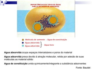Fonte: Baudet
Agua absorvida:ocupa espaços intercelulares e poros do material
Agua adsorvida:presa devido à atração molecular, retida por adesão de suas
moléculas ao material sólido
Agua de constituição:unida quimicamente/integrante a substância adsorventes
 