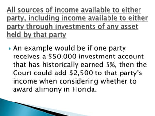 The financial resources of each party, including the nonmarital and the marital assets and liabilities distributed to each partyThere are times when a party is not working, however, this factor takes into consideration that the party has the ability to work. An example, would be a stay at home parent who did not finish their college degree. That party may earn $0, but with the completion of their education could find employment and support themself. This is a scenario where rehabilitative alimony in Florida might be considered.