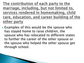 Any other factor necessary to do equity and justice between the parties.The standard of living established during the marriageThe analysis with this factor is to determine how the parties lived. What is the value of the marital home, cars, jewelry and possessions? What kind of vacations did the family take? The higher the standard of living, the greater chance of alimony in Florida being awarded.  However, the standard of living during the marriage is not so much of a factor in short term marriages.