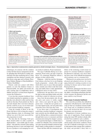 technologies, for someone with the condition
to help with their disease management and diet
by uploading their blood-glucose reading auto-
matically from their monitoring device to their
smartphone and then sharing it remotely with
their doctor, using apps such as Glooko, Wave-
Sense Diabetes Manager or GlaxoSmithKline’s
Diabetes HealthMate.
Patients could also connect with fellow
patients via tools like Diabetic Connect or
PatientsLikeMe, she added, and monitor the
early warning signs of complications such as
diabetic foot-ulcers via home-based diagnostic
systems like Podimetrics.
It was true that consumer healthcare firms
were limited somewhat by regulations on what
data they were allowed to collect and how they
could use that data, Pisani pointed out. But in
the retail channel, there were fewer obstacles
and this could be an easy win for both retail-
ers and consumer healthcare companies.
Using the example of Boots in the UK,
Pisani said that as well as being the country’s
biggest pharmacy chain, its Advantage Card
scheme was one of the most successful loy-
alty programmes in retail.
The data that the Advantage Card gave
Boots should enable it to offer a number of
digital products – most notably apps for smart-
phones – that aided the consumer when making
purchasing decisions in store and helped track
the use of products to aid managing less-seri-
ous medical conditions, Pisani maintained.
This type of mHealth offering was in dev-
elopment, Pisani noted, and apps created by
Boots’ US counterpart Walgreens offered a
glimpse of what could be done.
Walgreens – which has used the Advantage
Card scheme as the basis for its own fledgling
loyalty programme – already offers an app
which allows users to access their prescription
status, reminds users when to take their medi-
cines and enables them to make appointments
at Walgreens and its in-store clinics.
Furthermore, the app allows users to scan
the label on their prescription bottles and order
a refill that is ready for collection in an hour.
Away from the prescription side, the app
also gives users access to weekly coupons
and – when a user opens the app in a Wal-
greens store – it helps the user quickly to ac-
cess their digital loyalty card and guides them
around the store to the items they want.
It was these types of developments that
could bring consumer healthcare companies
more seriously into the mHealth space, Pisani
said, by offering them a commercial incentive
through better access to consumers and direct
communication during the shopper’s journey.
One question that lingers is whether there is
a market for mHealth in the consumer health-
care space beyond the branded commercial apps
aimed simply at selling product to consumers?.
Pisani said that while the commercial capa-
bilities of the technology would remain im-
portant for consumer healthcare companies,
the pharmacist could play a key role in draw-
ing down some of the mHealth developments
seen in primary care to a consumer level.
“Pharmacists are getting more involved in
advanced and enhanced services, be it man-
aging cholesterol, smoking cessation or even
screening for diseases such as breast cancer,”
Pisani pointed out.
Furthermore, pharmacists had direct access
to the consumers that OTC companies wanted,
she added, so developing technologies that link-
ed the consumer, the pharmacist and the com-
pany could be a way forward.
Widen scope of consumer healthcare
This raised the possibility that mHealth in
conjunction with pharmacists could widen the
scope of what was considered consumer health-
care, Pisani said, as a healthcare profession-
al was still involved but there was no need
for primary-care intervention.
Management of chronic conditions was a
clear area of opportunity, Pisani explained,
noting that many OTC products already offer-
ed relief from conditions such as arthritis.
Currently, a doctor was still the first port of
call for people with chronic conditions, Pisani
said. But if mHealth technologies were used
to help patients better manage their conditions,
she noted, and provided a direct link to a
216 March 2015 OTC bulletin
BUSINESS STRATEGY OTC
Developers are constantly looking for innovative
and exciting ways to interact with patients and
keep them engaged with their own wellbeing.
One way to do this is to ‘gamify’ the process of
patient education or monitoring, incorporating
elements of video gameplay or competition
into routine tasks.
Collect and monetise
real-world data
One of the benefits of interacting with
patients through digital technology is that a
whole host of real-world data is collected
automatically. Tracked data points might
include anything from clinical care episodes,
adherence rates and dosing, to patient
reported outcomes (ie. how the patient is
feeling as a result of the medication). This
data has real value and can be monetised.
Sell outcomes, not pills
The final step in leveraging digital health tools
is for pharma to take on more of the risk of
healthcare provision, shifting that risk away
from payors. Pharma has a unique
opportunity to position itself as not just a
pill provider but as a disease manager, own-
ing the end-to-end patient journey.
Leverage real-world data to demonstrate efficacy
Real-world data is particularly valuable to pharma as part of the regulatory
and reimbursement process, in which they have to demonstrate how the
efficacy of their drug justifies their price tag. Having real world data in
addition to those collected in clinical trials can provide the payor with a
better picture of the true value of a product.
Engage and activate patients
Improve medication adherence
The list of devices and apps that have been
developed to remind and track patients pill-tak-
ing is endless. Improving adherence rates is
often the single most profitable avenue for
pharma to take when it comes to digital health,
but many firms have yet to figure out how to do
so most effectively.
Improve access
mHealth has the ability to transform access
to healthcare across the developing world. As
smartphone penetration rises, the accessibility
of apps such as Med Africa will increase
the level of patient education and improve
disease outcomes.
Increase disease and
treatment awareness
One of the most common applications of
healthcare apps on the market today is to push
educational materials to both patients and
physicians or even support doctors in
making treatment and dosing decisions.
By interacting with their customers, pharma
can achieve greater brand loyalty.
Figure 1: Opportunities for pharmaceutical companies generated by mHealth technologies (Source – PricewaterhouseCoopers – worldinbeta.com/mhealth)
 