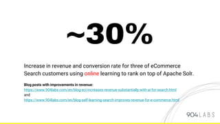 ~30%
Increase in revenue and conversion rate for three of eCommerce
Search customers using online learning to rank on top of Apache Solr.
Blog posts with improvements in revenue:
https://www.904labs.com/en/blog-eci-increases-revenue-substantially-with-ai-for-search.html
and
https://www.904labs.com/en/blog-self-learning-search-improves-revenue-for-e-commerce.html
 