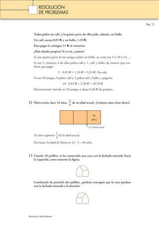 Pág. 12 
RESOLUCIÓN 
DE PROBLEMAS 
Todos piden un café, y la quinta parte de ellos pide, además, un bollo. 
Un café cuesta 0,85 € y un bollo, 1,10 €. 
Para pagar le entregan 11 € al camarero. 
¿Han dejado propina? Si es así, ¿cuánto? 
Si una quinta parte de los amigos piden un bollo, en total son 5 ó 10 ó 15, ... 
Si son 5, entonces 4 de ellos piden café y 1, café y bollo; de manera que ten-drían 
que pagar: 
5  0,85 €1,10 €5,35 €. No vale. 
Si son 10 amigos, 8 piden café y 2 piden café y bollo, y pagarán: 
10  0,85 € + 2,20 €10,70 € 
Efectivamente, han de ser 10 amigos y dejan 0,30 € de propina. 
2 
3 
12 Marta tenía, hace 16 años,  
 de su edad actual. ¿Cuántos años tiene ahora? 
1 
3 
16 años suponen  
 de la edad actual. 
16 
años 
2/3 edad actual 
Por tanto, la edad de Marta es 16 · 3 = 48 años. 
13 Usando 10 palillos, se ha construido una casa con la fachada mirando hacia 
la izquierda, como muestra la figura. 
Cambiando de posición dos palillos, ¿podrías conseguir que la casa quedara 
con la fachada mirando a la derecha? 
Resolución de problemas 
 