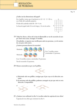 Pág. 14 
RESOLUCIÓN 
DE PROBLEMAS 
¿Cuáles son las dimensiones del papel? 
En el gráfico vemos que el perímetro es (64)  220 ve-ces 
el lado del cuadrado pequeño. 
El lado del cuadrado mide 80 : 204 cm 
La hoja de papel mide 24 cm de largo y 16 cm de ancho. 
6 6 
19 Todos los chicos y chicas de la clase de Romualdo se van de excursión al cam-po. 
Entre otras cosas, encargan 14 tortillas. 
Al mediodía, se reparten una tortilla para cada tres personas, y en la merien-da, 
una para cada cuatro. 
¿Cuántas personas fueron de excursión? 
Con 7 tortillas comen 
y meriendan 12 personas. 
   
Mediodía 
Merienda 
Con 14 tortillas comen y meriendan 24 personas. 
Van de excursión 24 personas. 
20 Hemos construido un pez con 8 palillos. 
a) Moviendo solo tres palillos, consigue que el pez vaya en la dirección con-traria. 
b) Si movemos solo dos palillos, podemos conseguir un pez que mire en otra 
dirección. Compruébalo. 
a) b) 
21 ¿Cuántas veces utilizarás la cifra 5 si escribes todos los capicúas de tres cifras? 
Capicúas de tres cifras que contienen la cifra 5: 
Resolución de problemas 
4 
4 
 