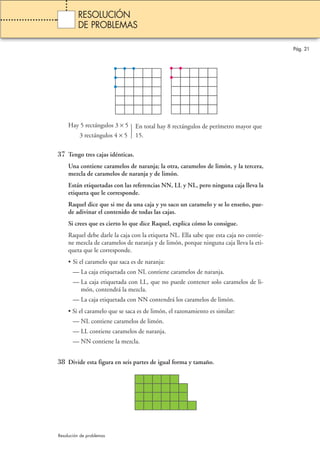    
Hay 5 rectángulos 3 × 5 En total hay 8 rectángulos de perímetro mayor que 
3 rectángulos 4 × 5 15. 
37 Tengo tres cajas idénticas. 
Una contiene caramelos de naranja; la otra, caramelos de limón, y la tercera, 
mezcla de caramelos de naranja y de limón. 
Están etiquetadas con las referencias NN, LL y NL, pero ninguna caja lleva la 
etiqueta que le corresponde. 
Raquel dice que si me da una caja y yo saco un caramelo y se lo enseño, pue-de 
adivinar el contenido de todas las cajas. 
Si crees que es cierto lo que dice Raquel, explica cómo lo consigue. 
Raquel debe darle la caja con la etiqueta NL. Ella sabe que esta caja no contie-ne 
mezcla de caramelos de naranja y de limón, porque ninguna caja lleva la eti-queta 
que le corresponde. 
• Si el caramelo que saca es de naranja: 
— La caja etiquetada con NL contiene caramelos de naranja. 
— La caja etiquetada con LL, que no puede contener solo caramelos de li-món, 
contendrá la mezcla. 
— La caja etiquetada con NN contendrá los caramelos de limón. 
• Si el caramelo que se saca es de limón, el razonamiento es similar: 
— NL contiene caramelos de limón. 
— LL contiene caramelos de naranja. 
— NN contiene la mezcla. 
38 Divide esta figura en seis partes de igual forma y tamaño. 
Pág. 21 
RESOLUCIÓN 
DE PROBLEMAS 
Resolución de problemas 
 