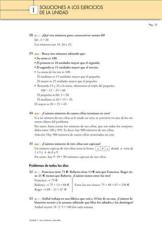 Pág. 10 
SOLUCIONES A LOS EJERCICIOS 
DE LA UNIDAD 
1 
38 ¿Qué tres números pares consecutivos suman 60? 
60 : 320 
Los números son 18, 20 y 22. 
39 Busca tres números sabiendo que: 
• Su suma es 100. 
• El primero es 10 unidades mayor que el segundo. 
• El segundo es 15 unidades mayor que el tercero. 
• La suma de los tres es 100. 
El mediano es 15 unidades mayor que el pequeño. 
El mayor es 25 unidades mayor que el pequeño. 
• Restando 15 y 25 a la suma, obtenemos el triple del pequeño: 
100152560 
El pequeño es 60: 320. 
El mediano es 201535. 
El mayor es 202545. 
40 ¿Cuántos números de cuatro cifras terminan en cero? 
Si a un número de tres cifras se le añade un cero, se convierte en uno de los nú-meros 
objeto del problema. 
Por tanto, basta contar los números de tres cifras, que son todos los compren-didos 
entre 100 y 999. Es decir, hay 900 números de tres cifras. 
Solución: Hay 900 números de cuatro cifras terminados en cero. 
41 ¿Cuántos números de tres cifras son capicuas? 
Un número capicua de tres cifras tiene la forma donde a varía de 
1 a 9 y b de 0 a 9. 
Por tanto, hay 9 1090 números capicuas de tres cifras. 
Problemas de todos los días 
42 Francisco tiene 75 €. Roberto tiene 13 € más que Francisco. Roger tie-ne 
21 € menos que Roberto. ¿Cuánto tienen entre los tres? 
Francisco → 75 € 
Roberto → 751388 € Entre los tres tienen: 758867230 € 
Roger → 882167 € 
43 Aníbal trabaja en una fábrica que está a 18 km de su casa. ¿Cuántos ki-lómetros 
recorre a la semana sabiendo que libra los sábados y los domingos? 
Aníbal recorre 1825180 km cada semana. 
Unidad 1. Los números naturales 
a b a 
 
 