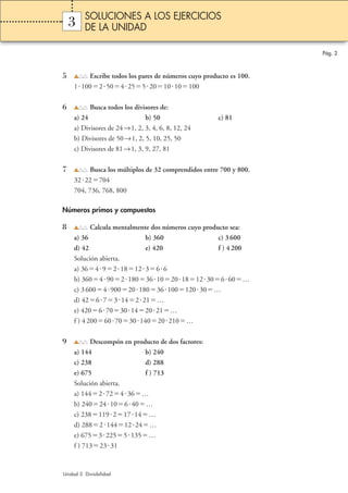 Pág. 2 
SOLUCIONES A LOS EJERCICIOS 
DE LA UNIDAD 
3 
5 Escribe todos los pares de números cuyo producto es 100. 
11002504255201010100 
6 Busca todos los divisores de: 
a) 24 b) 50 c) 81 
a) Divisores de 24→1, 2, 3, 4, 6, 8, 12, 24 
b) Divisores de 50→1, 2, 5, 10, 25, 50 
c) Divisores de 81→1, 3, 9, 27, 81 
7 Busca los múltiplos de 32 comprendidos entre 700 y 800. 
3222704 
704, 736, 768, 800 
Números primos y compuestos 
8 Calcula mentalmente dos números cuyo producto sea: 
a) 36 b) 360 c) 3 600 
d) 42 e) 420 f ) 4 200 
Solución abierta. 
a) 364921812366 
b) 3604902180361020181230660… 
c) 3 6004900201803610012030… 
d) 4267314221… 
e) 42067030142021… 
f ) 4 20060703014020210… 
9 Descompón en producto de dos factores: 
a) 144 b) 240 
c) 238 d) 288 
e) 675 f ) 713 
Solución abierta. 
a) 144272436… 
b) 2402410640… 
c) 23811921714… 
d) 28821441224… 
e) 67532255135… 
f ) 7132331 
Unidad 3. Divisibilidad 
 