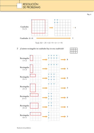 Pág. 6 
RESOLUCIÓN 
DE PROBLEMAS 
Total: 36 251694191 
Cuadrados 
5 × 5 
2 ¿Cuántos rectángulos no cuadrados hay en esta cuadrícula? 
Rectángulos 
1 × 2 
Rectángulos 
1 × 3 4 
Resolución de problemas 
→ 4 
Cuadrados 6 × 6 1 
8 
9 
3 
6 
4 
3 
Rectángulos 
2 × 1 
Rectángulos 
2 × 3 
Rectángulos 
3 × 1 
Rectángulos 
3 × 2 
Rectángulos 
4 × 1 
 