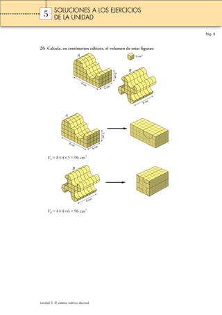 Pág. 8 
SOLUCIONES A LOS EJERCICIOS 
DE LA UNIDAD 
5 
26 Calcula, en centímetros cúbicos, el volumen de estas figuras: 
A 
VA8×4×396 cm3 
VB4×4×696 cm3 
Unidad 5. El sistema métrico decimal 
B 
1 cm3 
3 cm 
4 cm 
6 cm 
8 cm 
A 
3 cm 
4 cm 
8 cm 
B 
6 cm 
 