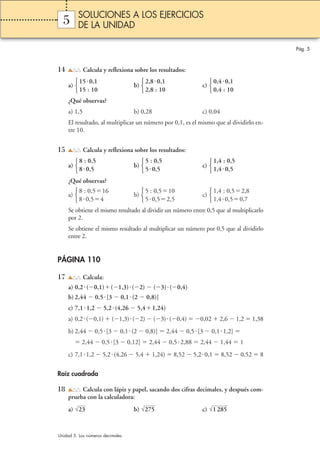 5 
14 Calcula y reflexiona sobre los resultados: 
2,80,1 
2,8 : 10 
 
150,1 
15 : 10 
 
a) b) c) 
0,40,1 
0,4 : 10 
 
¿Qué observas? 
a) 1,5 b) 0,28 c) 0,04 
El resultado, al multiplicar un número por 0,1, es el mismo que al dividirlo en-tre 
10. 
15 Calcula y reflexiona sobre los resultados: 
5 : 0,5 
50,5 
 
8 : 0,5 
80,5 
 
a) b) c) 
¿Qué observas? 
a) b) c) 
1,4 : 0,5 
1,40,5 
1,4 : 0,52,8 
1,40,50,7 
 
 
5 : 0,510 
50,52,5 
 
8 : 0,516 
80,54 
 
Se obtiene el mismo resultado al dividir un número entre 0,5 que al multiplicarlo 
por 2. 
Se obtiene el mismo resultado al multiplicar un número por 0,5 que al dividirlo 
entre 2. 
PÁGINA 110 
17 Calcula: 
a) 0,2 (0,1)(1,3)  (2)  (3) (0,4) 
b) 2,44  0,5 [3  0,1 (2  0,8)] 
c) 7,1 1,2  5,2 (4,26  5,41,24) 
a) 0,2 (0,1)  (1,3) (2)  (3) (0,4) 0,02  2,6  1,2  1,38 
b) 2,44  0,5 [3  0,1 (2  0,8)]  2,44  0,5 [3  0,1 1,2]  
 2,44  0,5 [3  0,12]  2,44  0,52,88  2,44  1,44  1 
c) 7,11,2  5,2(4,26  5,4  1,24)  8,52  5,20,1  8,52  0,52  8 
Raíz cuadrada 
18 Calcula con lápiz y papel, sacando dos cifras decimales, y después com-prueba 
con la calculadora: 
a) √23 b) √275 c) √1 285 
Pág. 5 
SOLUCIONES A LOS EJERCICIOS 
DE LA UNIDAD 
Unidad 5. Los números decimales 
 