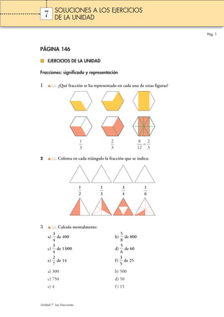 7 
PÁGINA 146 
EJERCICIOS DE LA UNIDAD 
Fracciones: significado y representación 
1 ¿Qué fracción se ha representado en cada una de estas figuras? 
1 
3 
 
2 
3 
  
8 
2 
 1 
2 
3 
 
 
2 Colorea en cada triángulo la fracción que se indica: 
1 
2 
 
1 
3 
  
3 
4 
  
1 
6 
  
 
3 Calcula mentalmente: 
3 
4 
a)  
5 
8 
 de 400 b)  
 de 800 
3 
4 
 de 1 000 d)  
c)  
5 
6 
 de 60 
2 
7 
 de 14 f)  
e)  
3 
5 
 de 25 
a) 300 b) 500 
c) 750 d) 50 
e) 4 f ) 15 
Pág. 1 
SOLUCIONES A LOS EJERCICIOS 
DE LA UNIDAD 
Unidad 7. Las fracciones 
 