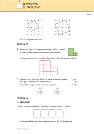 Pág. 8 
RESOLUCIÓN 
DE PROBLEMAS 
En total, 8 tipos de cuadrados. 
PÁGINA 18 
1 Divide esta figura en cuatro partes de igual forma y tamaño: 
 Piensa primero cuántos cuadraditos debe tener cada parte. 
Cada parte debe tener 4 cuadraditos. Tanteando, se llega a la siguiente solución: 
2 Completa las casillas que faltan, de todas las formas posibles, 
para que la multiplicación esté bien hecha. 
Tanteando, se llega a las dos soluciones siguientes: 
PÁGINA 19 
PROBLEMAS 
1 Para construir esta fila de 4 cuadrados se han necesitado 13 palillos. 
¿Cuántos palillos se necesitan para construir una fila de 50 cuadrados? 
Resolución de problemas 
  8 
×  
 2 7 6 
6 3 8 
× 2 
1 2 7 6 
4 6 8 
× 7 
3 2 7 6 
 