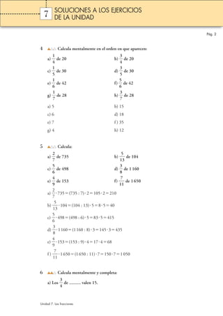 Pág. 2 
SOLUCIONES A LOS EJERCICIOS 
DE LA UNIDAD 
7 
4 Calcula mentalmente en el orden en que aparecen: 
1 
4 
 de 20 b)  
a)  
3 
4 
 de 20 
1 
5 
c)  
3 
5 
 de 30 d)  
 de 30 
1 
6 
 de 42 f)  
e)  
5 
6 
 de 42 
1 
7 
g)  
3 
7 
 de 28 h)  
 de 28 
a) 5 b) 15 
c) 6 d) 18 
e) 7 f ) 35 
g) 4 h) 12 
5 Calcula: 
2 
7 
 de 735 b) 1 
a)  
5 
3  
de 104 
5 
6 
c)  
3 
8 
 de 498 d)  
 de 1 160 
4 
9 
e)  
7 
 de 153 f) 1 
1  
de 1 650 
2 
7 
a)  
 735(735 : 7) 21052210 
5 
3 
b) 1 
104(104 : 13) 58540 
5 
6 
c)  
 498(498 : 6) 5835415 
3 
8 
d)  
 1160(1160 : 8) 31453435 
4 
9 
e)  
 153(153 : 9) 417468 
7 
1 
f ) 1 
1 650(1 650 : 11) 715071 050 
6 Calcula mentalmente y completa: 
3 
4 
 de .......... valen 15. 
a) Los  
Unidad 7. Las fracciones 
 
