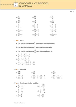 6 
7 
d) 1 
8  
e)  1 
2 
5 
5  
f)  1 
1 
2 
6  
1 
2 
8 
g)  
7  
2 
7 
5 
h)  
5  
7 
0 
5 
i) 1 
0  
4 
8 
a)  
1 
2 
 b)  
 
6 
8 
3 
4 
 c) 2 
 
7 
1 
1 
3 
 
 
6 
8 
d) 1 
1 
3 
 e)  1 
 
5 
5 
 
2 
3 
5 
 f )  1 
2 
6 
 
1 
3 
4 
 
g)  1 
8 
7 
 
2 
2 
3 
 h)  2 
5 
5 
 
7 
1 
3 
7 
0 
5 
 i) 1 
0  
3 
4 
 
 
17 Busca: 
2 
3 
a) Una fracción equivalente a  
 que tenga 12 por denominador. 
3 
5 
 que tenga 9 de numerador. 
b) Una fracción equivalente a  
1 
1 
0 
c) Una fracción equivalente a  
5  
cuyo denominador sea 18. 
2 
3 
a)  
 2 
? 
2 
1 
3 
 
 
4 
4  
8 
2 
1 
 
3 
5 
b)  
9 
? 
 3 
 
5 
 
 
3 
3  
9 
5 
1 
 
c)  1 
1 
0 
5 
 ( 
? 
8 
1 
1 
1 
( 
0 
5 
: 
: 
5 
5 
) 
) 
 
 
6 
6  
 1 
1 
2 
8 
 
18 Simplifica: 
a)  1 
2 
0 
0 
0 
0  
b)  1 1 
2 
8 
0 c)  2 
6 
7 
4 
5 
3 
6  
a)  1 
2 
0 
0 
0 
0  
1 
2 
 b)  1 
 
2 
8 
1 
6 
0  
 6 
9 
3 
0 
 2 
1 
0 
 c)  2 
1 
3 
7 
0 
7 
4 
5 
3 
6  
9 
8 
1 
1 
2  
1 
2 
 
 
19 Completa el término que falta: 
2 
5 
a)  
5 
7 
3 
? 
5 
? 
 b)  
 
2 
6 
c)  
6 
 d) 1 
5  
 
2 
5 
a)  
4 
0 
 b)  
1 
5 
7 
 1 
? 
5 
1 
 
2 
Pág. 5 
SOLUCIONES A LOS EJERCICIOS 
DE LA UNIDAD 
Unidad 7. Las fracciones 
21 
? 
10 
 