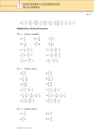 Pág. 10 
SOLUCIONES A LOS EJERCICIOS 
DE LA UNIDAD 
3 
4 
1 
7 
d)  
1 
3 
1 
4 
1 
 
9 
2 
 1 
2 
2 
1 
1 
4 
2 
3 
2 
1 
1 
9 
2 
5 
2 
1 
4 
2 
1 
1 
3 
 
 
Multiplicación y división de fracciones 
30 Calcula y simplifica: 
1 
6 
 b) 5 1 
a) 3   
3 
0  
2 
3 
 6 
c)  
4 
d) 5  
5  
1 
3 
5 
e)  
3 
8 
 10 f)  
 2 
1 
6 
a) 3   
3 
6 
 
1 
2 
 1 
 b) 5  1 
 
3 
0 
5 
0 
 
1 
3 
2 
 
2 
3 
 6 1 
c)  
2 
4 d) 5  1 
3 
 2 
4 
5 
0 
5 
 
1 
4 
3 
 
3 
5 
 10 3 
e)  
0 
6 f)  
5 
3 
8 
6 
8 
 2 
3 
4 
 
 
31 Calcula y reduce: 
2 
3 
a)  
3 
4 
 b)  
   
1 
2 
4 
5 
   
 
5 
c) 1 
2  
3 
1 
0  
3 
d) 1 
4  
7 
9 
  
 
2 
5 
  1 
1 
e)  
5 
6  
4 
3 
f)  
9 
8 
   
 
2 
3 
a)  
3 
4 
   
6 
2 
1 
1 
2 
 b)  
 
1 
2 
4 
5 
   
4 
0 
1 
2 
5 
 
 
5 
2 
c) 1 
3 
0 
1 
1 
2 
5 
1 
0  
3 
4 
2 
1 
8 
 d) 1 
 
3 
4 
7 
9 
  
2 
2 
1 
1 
6  
7 
2 
4 
1 
6 
 
 
2 
5 
  1 
1 
e)  
5 
6 
 3 
0 
0 
 
8 
3 
8 
4 
3 
 f )  
9 
8 
 3 
   
6 
4 
 
2 
3 
2 
 
32 Calcula y reduce: 
3 
4 
 b) 1 :  
a) 1 :  
5 
7 
 
1 
5 
c)  
2 
3 
 : 2 d) 4 :  
 
Unidad 7. Las fracciones 
 