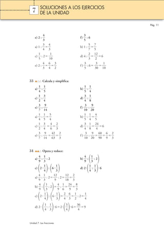 4 
3 
7 
e) 2 :  
3 
5 
 f)  
 : 6 
3 
4 
a) 1 :  
4 
3 
 b) 1 :  
 
5 
7 
7 
5 
 
 
1 
5 
c)  
1 
0 
 : 2 1 
2 
3 
 1 
 d) 4 :  
2 
6 
2 
4 
3 
e) 2 :  
6 
4 
 
3 
2 
 f )  
 
3 
5 
3 
0 
 : 6 3 
1 
0 
1 
 
33 Calcula y simplifica: 
1 
4 
 :  
a)  
1 
5 
1 
5 
 b)  
1 
4 
 :  
 
1 
2 
c)  
3 
4 
 :  
3 
4 
 d)  
1 
8 
 :  
 
3 
7 
e)  
9 
 :  
4  
1 
3 
f) 1 
0  
9 
: 2 
0  
1 
4 
a)  
1 
5 
 :  
5 
4 
 b)  
 
1 
5 
1 
4 
 :  
4 
5 
 
 
1 
2 
c)  
3 
4 
 :  
4 
6 
  
2 
3 
 d)  
 
3 
4 
1 
8 
 2 
 :  
4 
6 
4 
3 
7 
e)  
  4 
9 
4 
 : 1 
2 
3 
 
6 
2 
3 
3 
0 
 f ) 1 
 6 
9 
0 
 : 2 
0 
0 
 
9 
6 
9 
2 
3 
 
 
34 Opera y reduce: 
4 
9 
 :  
a)  
1 
3 
 :  
4 
9 
 : 2 b)  
 : 2 
1 
3 
c) 2  
1 
4 
 : 6  
1 
3 
 d) 2  
1 
4 
1 
3 
6 
 :  
4 
9 
a)  
1 
3 
 : 2 1 
 :  
2 
 : 2 1 
9 
2 
8 
 
1 
2 
3 
 
 :  
4 
9 
b)  
 : 2 
1 
3 
4 
9 
1 
6 
 2 
 :  
4 
 
9 
8 
3 
 
c) 2  
1 
4 
: 6  
1 
3 
 
2 
4 
6 
3 
 :  
1 
2 
 : 2 
 
1 
4 
 
d) 2   
1 
4 
1 
3 
62 
 :  
3 
4 
6 3 
6 
9 
4 
Pág. 11 
SOLUCIONES A LOS EJERCICIOS 
DE LA UNIDAD 
Unidad 7. Las fracciones 
 