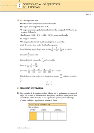 Pág. 20 
SOLUCIONES A LOS EJERCICIOS 
DE LA UNIDAD 
7 
69 Un agricultor dice: 
• Las heladas me estropearon 3/10 de la cosecha. 
• La sequía me hizo perder otros 3/10. 
• Y luego, una vez recogida, la inundación me ha estropeado 4/10 de lo que 
tenía en el almacén. 
• Por lo tanto (3/103/104/1010/10), no me queda nada. 
Un amigo le contesta: 
• No exageres, has salvado casi la cuarta parte de la cosecha. 
¿Cuál de los dos tiene razón? Justifica la respuesta. 
3 
0 
Entre heladas y sequía el agricultor perdió 1 
3 
0 
1 
6 
0 
 de su cosecha. 
1 
4 
0 
Le quedó 1 
 de cosecha. 
4 
0 
La inundación le hizo perder 1 
 de lo recogido. 
4 
0 
Es decir, 1 
4 
0 
1 
1 
0 
6 
1 
. 
0  
4 
0 
Le quedó: 1 
1 
0 
6 
1 
0  
4 
0 
0 
1 
0  
1 
0 
6 
1 
0  
2 
0 
4 
1 
0  
de la cosecha 
2 
0 
4 
El agricultor no tiene razón, pero sí su amigo, porque 1 
0  
está muy próximo a 
1 
4 
 
: 
2 
0 
5 
1 
0  
1 
4 
 
 
PROBLEMAS DE ESTRATEGIA 
70 Una cuadrilla de 4 segadores trabaja 4 horas por la mañana en un campo de 
trigo. Por la tarde se les unen otros 4 segadores y trabajan todos juntos otras 
cuatro horas. Al final del día se han segado tres quintas partes del campo. 
¿Cuánto tardarán 4 segadores en rematar la faena? 
APLICA ESTA ESTRATEGIA 
4 segadores 
en 4 horas 
Unidad 7. Las fracciones 
8 segadores 
en 4 horas 
4 segadores 
¿Cuánto tiempo? 
Haz un dibujo. 
 