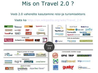 Mis on Travel 2.0 ? Veeb 2.0 vahendite kasutamine reisi-ja turismisektoris Vaata ka  http://en.wikipedia.org/wiki/Travel_2.0 