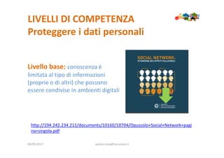 LIVELLI DI COMPETENZA
Proteggere i dati personali
09/05/2017 sandra.troia@istruzione.it
Livello base: conoscenza è
limitata al tipo di informazioni
(proprie o di altri) che possono
essere condivise in ambienti digitali
http://194.242.234.211/documents/10160/10704/Opuscolo+Social+Network+pagi
na+singola.pdf
 