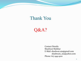 Thank You
Q&A?
11
Contact Details:
Shashwat Shekhar
E-Mail: shashwat.uta@gmail.com
shashwats_uta@yahoo.com
Phone: 617-949-9210
 