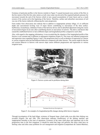 www.ccsenet.org/jas Journal of Agricultural Science Vol. 7, No. 6; 2015
133
Existence of particular profiles in the furrows (similar to Figure 7) caused increased cross section of the flow in
the few meters of the first few entry meters as well; since water was devoid of the required hydraulic pressure for
movement towards the end of the furrows which in turn caused accumulation of water layers and as a result
erosion of the section soil at the beginning of the furrow. Therefore, surface and subsurface unevenness of soil
was one of the factors indirectly influencing the water progression.
Farm studies from observation also indicate that in addition to inappropriate primary tillage, it’s in sufficient
depth and conventional leveling were of major factors contributing to unevenness of the farm surface.
Inefficiency of machinery, imbalance Frame of the furrower device and its disturbed adjustment along the course
of movement (Figure 8) are also other contributing factors in unevenness of sorrows. The above said factors that
caused the established furrows to have different slopes and longitudinal profiles compared to each other.
Also, with regard to the mapping information, it was revealed that the situation of the longitudinal profile of the
furrows is not constant and is different in subsequent irrigations (Figure 9). This issue can influence progression
and regression since regarding Figures 4 and 5, the progression time as well as duration of regression in a furrow
at various irrigation turns has had different behaviors compared with other furrows. The reason might be that the
soil erosion behavior in furrows with uneven slope causes different progressions and regressions in various
irrigation turns.
Figure 8. Furrows system and its problems during labor
Figure 9. An example of a longitudinal profile changes during shifts furrow irrigation
Through investigation of the land tillage, existence of frequent large a hard colds even after their disking was
revealed (Figures 10a and 10b). This observation indicates insufficiency of the disking machine and
inappropriate humidity at the time of operations. Existence of the same clods plays and important role in the
progression time in the first irrigations. It should be noted that large soil particles like these clods have no
farming value and often cause problems for soil management and irrigation (Lampurlanes & Cantero-Martinez,
 