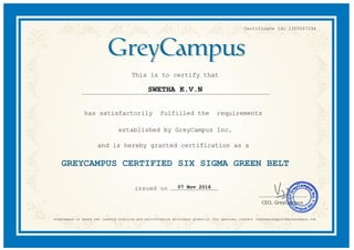 Certificate Id: 1305047294
This is to certify that
SWETHA K.V.N
has satisfactorily fulfilled the requirements
established by GreyCampus Inc.
and is hereby granted certification as a
GREYCAMPUS CERTIFIED SIX SIGMA GREEN BELT
07 Nov 2016
GreyCampus is among the leading training and certification providers globally. For queries, contact customersupport@greycampus.com
 
