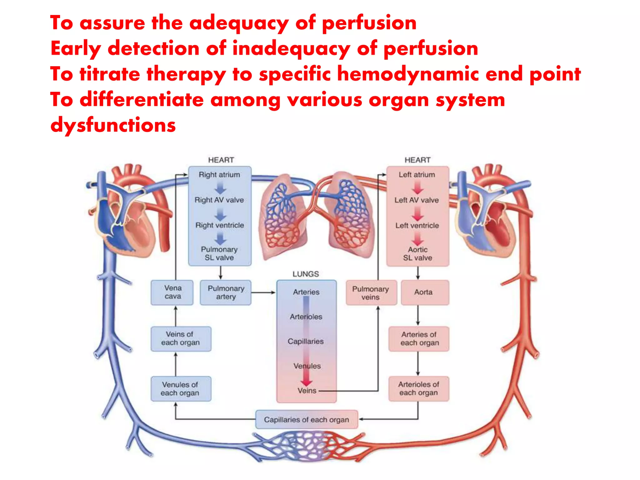To assure the adequacy of perfusion
Early detection of inadequacy of perfusion
To titrate therapy to specific hemodynamic end point
To differentiate among various organ system
dysfunctions
 