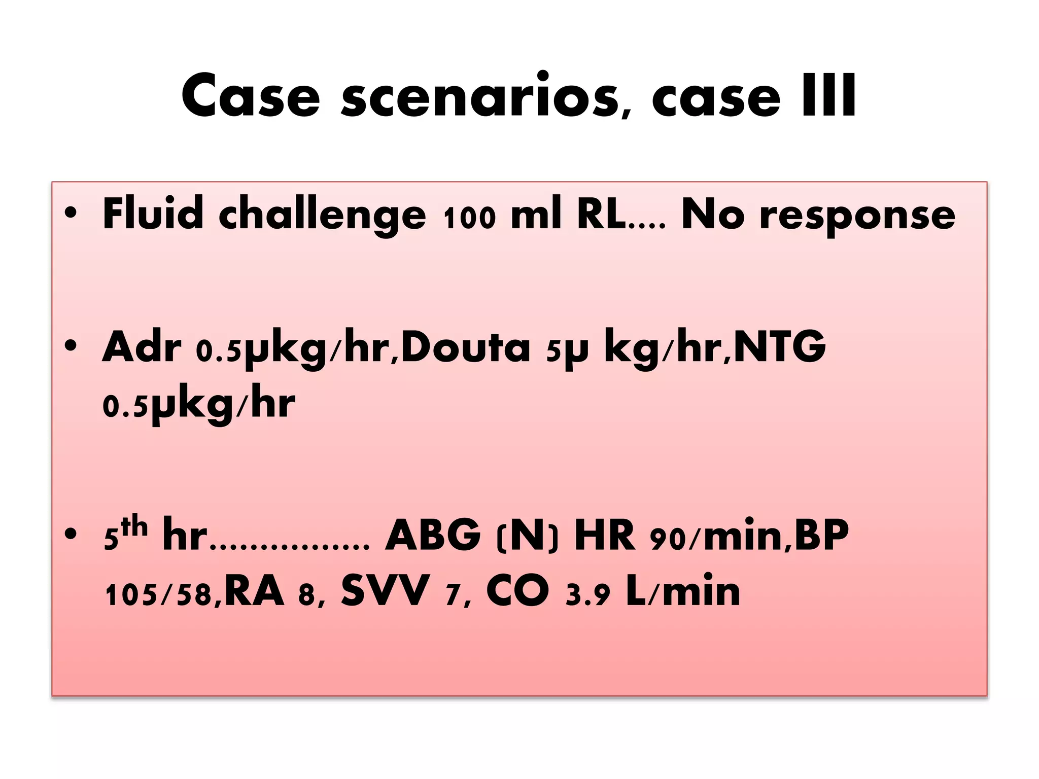 Case scenarios, case III
• Fluid challenge 100 ml RL.... No response
• Adr 0.5µkg/hr,Douta 5µ kg/hr,NTG
0.5µkg/hr
• 5th hr................ ABG (N) HR 90/min,BP
105/58,RA 8, SVV 7, CO 3.9 L/min
 