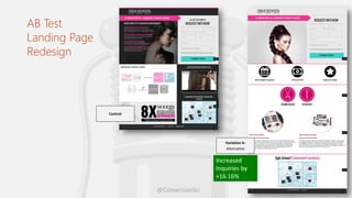 @ConversionSci
AB Test
Landing Page
Redesign
Control
Increased
Inquiries by
+16.16%
Variation A-
Alternative
 