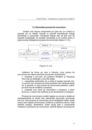 Costel Nistor – Comunicare şi negociere în afaceri

1.5. Elementele procesul de comunicare
Analiza unei singure componente (un gest sau un cuvânt) nu
prezintă nici un interes, întrucât nu permite reconstituirea întregii
semnificaţii a comunicării. Cercetarea trebuie deci să ţină cont de
această complexitate, de această circularitate şi de context pentru a
putea avansa întelegerea procesului de comunicare (figura nr.1.6.).

Figura nr.1.6.
Indiferent de forma pe care o îmbracă, orice proces de
comunicare are câteva elemente structurale caracteristice :
• existenţa a cel putin doi parteneri (Emiţător şi Receptor)
între care se stabileşte o anumită relaţie;
• capacitatea partenerilor de a emite şi recepta semnale întrun anumit cod, cunoscut de ambii parteneri (de menţionat faptul
că, în general, în orice proces de comunicare partenerii “joacă”
pe rând rolul de emiţător şi receptor);
• existenţa unui canal de transmitere a mesajului, a feedback-ului, a acţiunii de codificare şi de decodificare a mesajului.
Procesul de comunicare ia astfel naştere ca urmare a relaţiei de
interdependenţă ce există între elementele structurale enumerate
mai sus. Orice proces de comunicare să se desfăşoare astfel: există
cineva care iniţiază comunicarea, emitentul, şi altcineva căruia îi este
destinat mesajul, destinatarul. Acest mesaj este o componentă
complexă a procesului de comunicare, datorită faptului că presupune

9

 