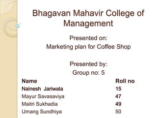 Bhagavan Mahavir College of
         Management
                 Presented on:
         Marketing plan for Coffee Shop

                   Presented by:
                    Group no: 5
Name                               Roll no
Nainesh Jariwala                   15
Mayur Savasaviya                   47
Maitri Sukhadia                    49
Umang Sundhiya                     50
 