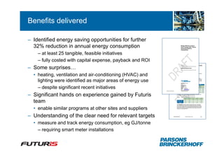 Benefits delivered

– Identified energy saving opportunities for further
  32% reduction in annual energy consumption
    – at least 25 tangible, feasible initiatives
    – fully costed with capital expense, payback and ROI
– Some surprises…
  • heating, ventilation and air-conditioning (HVAC) and
    lighting were identified as major areas of energy use
    – despite significant recent initiatives
– Significant hands on experience gained by Futuris
  team
  • enable similar programs at other sites and suppliers
– Understanding of the clear need for relevant targets
  • measure and track energy consumption, eg GJ/tonne
    – requiring smart meter installations
 