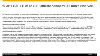 © 2016 SAP SuccessFactors All rights reserved. 13Customer
© 2016 SAP SE or an SAP affiliate company. All rights reserved.
No part of this publication may be reproduced or transmitted in any form or for any purpose without the express permission of SAP SE or an SAP affiliate company.
SAP and other SAP products and services mentioned herein as well as their respective logos are trademarks or registered trademarks of SAP SE (or an SAP affiliate
company) in Germany and other countries. Please see http://global12.sap.com/corporate-en/legal/copyright/index.epx for additional trademark information and notices.
Some software products marketed by SAP SE and its distributors contain proprietary software components of other software vendors.
National product specifications may vary.
These materials are provided by SAP SE or an SAP affiliate company for informational purposes only, without representation or warranty of any kind, and SAP SE or its
affiliated companies shall not be liable for errors or omissions with respect to the materials. The only warranties for SAP SE or SAP affiliate company products and
services are those that are set forth in the express warranty statements accompanying such products and services, if any. Nothing herein should be construed as
constituting an additional warranty.
In particular, SAP SE or its affiliated companies have no obligation to pursue any course of business outlined in this document or any related presentation, or to develop
or release any functionality mentioned therein. This document, or any related presentation, and SAP SE’s or its affiliated companies’ strategy and possible future
developments, products, and/or platform directions and functionality are all subject to change and may be changed by SAP SE or its affiliated companies at any time
for any reason without notice. The information in this document is not a commitment, promise, or legal obligation to deliver any material, code, or functionality. All forward-
looking statements are subject to various risks and uncertainties that could cause actual results to differ materially from expectations. Readers are cautioned not to place
undue reliance on these forward-looking statements, which speak only as of their dates, and they should not be relied upon in making purchasing decisions.
 