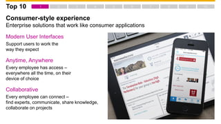 Consumer-style experience
Enterprise solutions that work like consumer applications
Modern User Interfaces
Support users to work the
way they expect
Anytime, Anywhere
Every employee has access –
everywhere all the time, on their
device of choice
Collaborative
Every employee can connect –
find experts, communicate, share knowledge,
collaborate on projects
Top 10
 