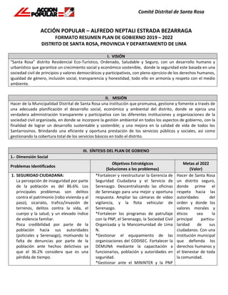 ACCIÓN POPULAR – ALFREDO NEPTALI ESTRADA BEZARRAGA
FORMATO RESUMEN PLAN DE GOBIERNO 2019 – 2022
DISTRITO DE SANTA ROSA, PROVINCIA Y DEPARTAMENTO DE LIMA
I. VISIÓN
“Santa Rosa” distrito Residencial Eco-Turístico, Ordenado, Saludable y Seguro, con un desarrollo humano y
urbanístico que garantice un crecimiento social y económico sostenible, donde la seguridad este basada en una
sociedad civil de principios y valores democráticos y participativos, con pleno ejercicio de los derechos humanos,
igualdad de género, inclusión social, transparencia y honestidad, todo ello en armonía y respeto con el medio
ambiente.
II. MISIÓN
Hacer de la Municipalidad Distrital de Santa Rosa una institución que promueva, gestione y fomente a través de
una adecuada planificación el desarrollo social, económico y ambiental del distrito, donde se ejerza una
verdadera administración transparente y participativa con las diferentes instituciones y organizaciones de la
sociedad civil organizada, en donde se incorpore la gestión ambiental en todos los aspectos de gobierno, con la
finalidad de lograr un desarrollo sustentable y sostenible; y una mejora en la calidad de vida de todos los
Santarrosinos. Brindando una eficiente y oportuna prestación de los servicios públicos y sociales, así como
gestionando la cobertura total de los servicios básicos en todo el distrito.
III. SÍNTESIS DEL PLAN DE GOBIENO
1.- Dimensión Social
Problemas Identificados
Objetivos Estratégicos
(Soluciones a los problemas)
Metas al 2022
(Valor)
1. SEGURIDAD CIUDADANA:
La percepción de inseguridad por parte
de la población es del 86.6%. Los
principales problemas son delitos
contra el patrimonio (robo vivienda y al
paso), sicariato, trafico/invasión de
terrenos, delitos contra la vida, el
cuerpo y la salud; y un elevado índice
de violencia familiar.
Poca credibilidad por parte de la
población hacia sus autoridades
(policiales y Serenazgo), motivando la
falta de denuncias por parte de la
población ante hechos delictivos ya
que el 36.2% considera que es una
pérdida de tiempo.
*Fortalecer y reestructurar la Gerencia de
Seguridad Ciudadana y el Servicio de
Serenazgo. Descentralizando las oficinas
de Serenazgo para una mejor y oportuna
respuesta. Ampliar las cámaras de video
vigilancia, y la flota vehicular de
Serenazgo.
*Fortalecer los programas de patrullaje
con la PNP, el Serenazgo, la Sociedad Civil
Organizada y la Mancomunidad de Lima
N.
*Gestionar el equipamiento de las
organizaciones del CODISEC. Fortalecer la
DEMUNA mediante la capacitación a
funcionarios, población y autoridades en
seguridad.
*Gestionar ante el MININTER y la PNP
Hacer de Santa Rosa
un distrito seguro,
donde prime el
respeto hacia las
autoridades del
orden y donde los
valores morales y
éticos sea la
principal particu-
laridad de sus
ciudadanos. Con una
institución municipal
que defienda los
derechos humanos y
el bienestar de toda
la comunidad.
 