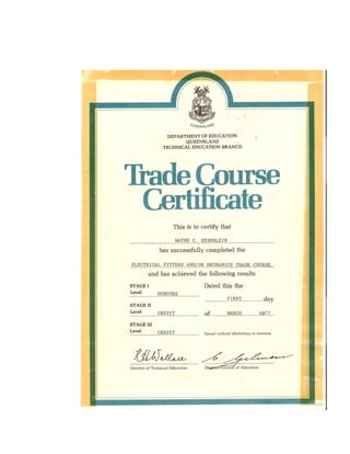 trade course cert. (TAFE. electrician)