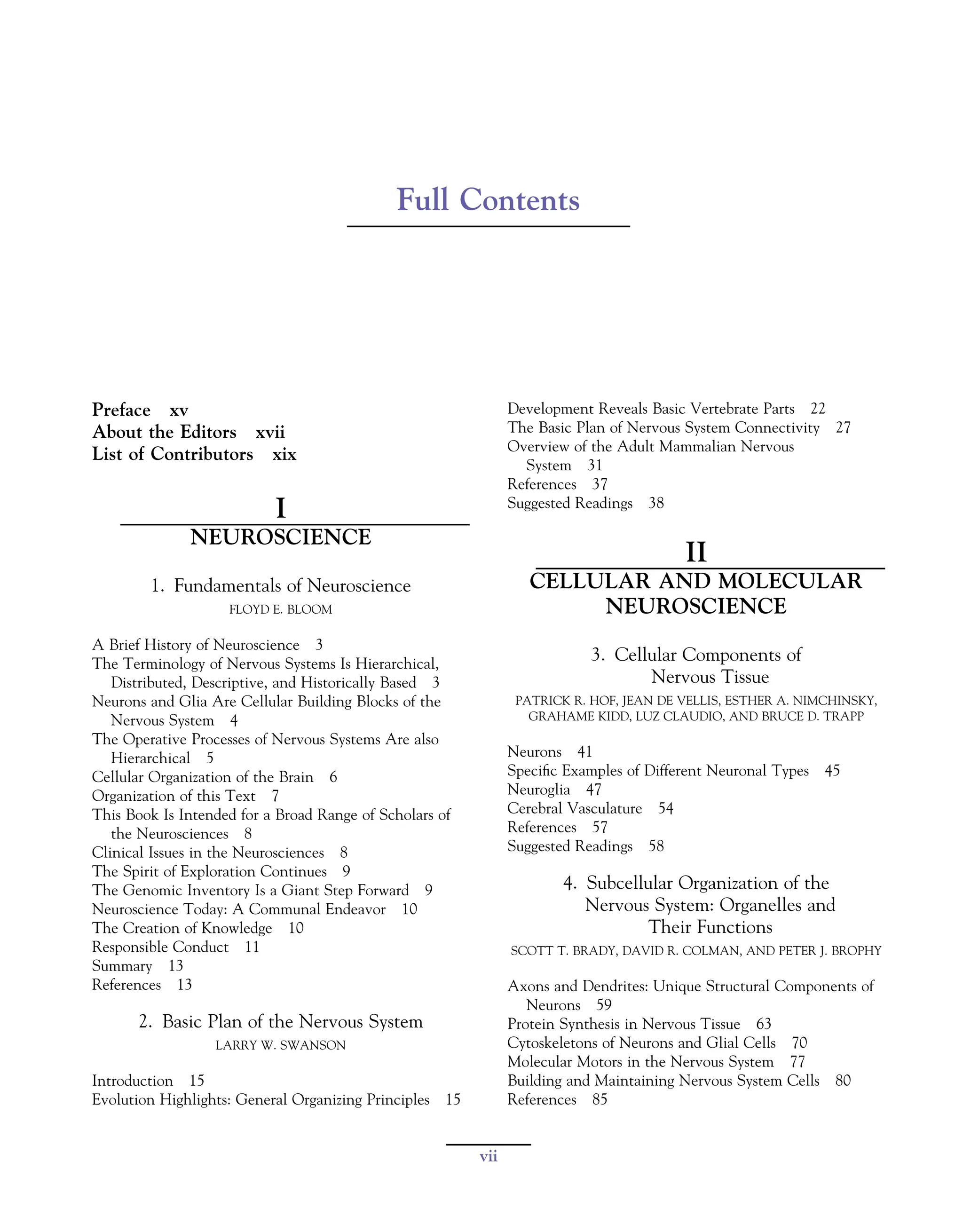 Full Contents
vii
Preface xv
About the Editors xvii
List of Contributors xix
I
NEUROSCIENCE
1. Fundamentals of Neuroscience
FLOYD E. BLOOM
A Brief History of Neuroscience 3
The Terminology of Nervous Systems Is Hierarchical,
Distributed, Descriptive, and Historically Based 3
Neurons and Glia Are Cellular Building Blocks of the
Nervous System 4
The Operative Processes of Nervous Systems Are also
Hierarchical 5
Cellular Organization of the Brain 6
Organization of this Text 7
This Book Is Intended for a Broad Range of Scholars of
the Neurosciences 8
Clinical Issues in the Neurosciences 8
The Spirit of Exploration Continues 9
The Genomic Inventory Is a Giant Step Forward 9
Neuroscience Today: A Communal Endeavor 10
The Creation of Knowledge 10
Responsible Conduct 11
Summary 13
References 13
2. Basic Plan of the Nervous System
LARRY W. SWANSON
Introduction 15
Evolution Highlights: General Organizing Principles 15
Development Reveals Basic Vertebrate Parts 22
The Basic Plan of Nervous System Connectivity 27
Overview of the Adult Mammalian Nervous
System 31
References 37
Suggested Readings 38
II
CELLULAR AND MOLECULAR
NEUROSCIENCE
3. Cellular Components of
Nervous Tissue
PATRICK R. HOF, JEAN DE VELLIS, ESTHER A. NIMCHINSKY,
GRAHAME KIDD, LUZ CLAUDIO, AND BRUCE D. TRAPP
Neurons 41
Specific Examples of Different Neuronal Types 45
Neuroglia 47
Cerebral Vasculature 54
References 57
Suggested Readings 58
4. Subcellular Organization of the
Nervous System: Organelles and
Their Functions
SCOTT T. BRADY, DAVID R. COLMAN, AND PETER J. BROPHY
Axons and Dendrites: Unique Structural Components of
Neurons 59
Protein Synthesis in Nervous Tissue 63
Cytoskeletons of Neurons and Glial Cells 70
Molecular Motors in the Nervous System 77
Building and Maintaining Nervous System Cells 80
References 85
 