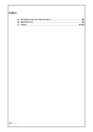 10 | P a g e
PART 2
a) INTRODUCTION OF THE STUDENT………………..…………………...60
b) REFERENCES………………………………………………………….60
c) INDEX…………………………………………………………..…61-62
 