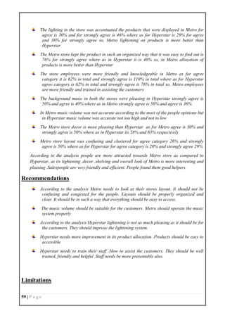 59 | P a g e
The lighting in the store was accentuated the products that were displayed in Metro for
agree is 30% and for strongly agree is 46% where as for Hyperstar is 29% for agree
and 36% for strongly agree so, Metro lightening on products is more better than
Hyperstar
The Metro store kept the product in such an organized way that it was easy to find out is
76% for strongly agree where as in Hyperstar it is 40% so, in Metro allocation of
products is more better than Hyperstar
The store employees were more friendly and knowledgeable in Metro as for agree
category it is 62% in total and strongly agree is 110% in total where as for Hyperstar
agree category is 62% in total and strongly agree is 76% in total so, Metro employees
are more friendly and trained in assisting the customers
The background music in both the stores were pleasing in Hyperstar strongly agree is
50% and agree is 40% where as in Metro strongly agree is 50% and agree is 36%
In Metro music volume was not accurate according to the most of the people opinions but
in Hyperstar music volume was accurate not too high and not to low
The Metro store decor is more pleasing than Hyperstar as for Metro agree is 30% and
strongly agree is 50% where as in Hyperstar its 28% and 65% respectively
Metro store layout was confusing and clustered for agree category 26% and strongly
agree is 50% where as for Hyperstar for agree category is 20% and strongly agree 29%
According to the analysis people are more attracted towards Metro store as compared to
Hyperstar, as its lightening ,decor ,shelving and overall look of Metro is more interesting and
pleasing .Salespeople are very friendly and efficient. People found them good helpers.
Recommendations
According to the analysis Metro needs to look at their stores layout. It should not be
confusing and congested for the people. Layouts should be properly organized and
clear. It should be in such a way that everything should be easy to access.
The music volume should be suitable for the customers. Metro should operate the music
system properly
According to the analysis Hyperstar lightening is not as much pleasing as it should be for
the customers. They should improve the lightening system.
Hyperstar needs more improvement in its product allocation. Products should be easy to
accessible
Hyperstar needs to train their staff .How to assist the customers. They should be well
trained, friendly and helpful .Staff needs be more presentable also.
Limitations
 
